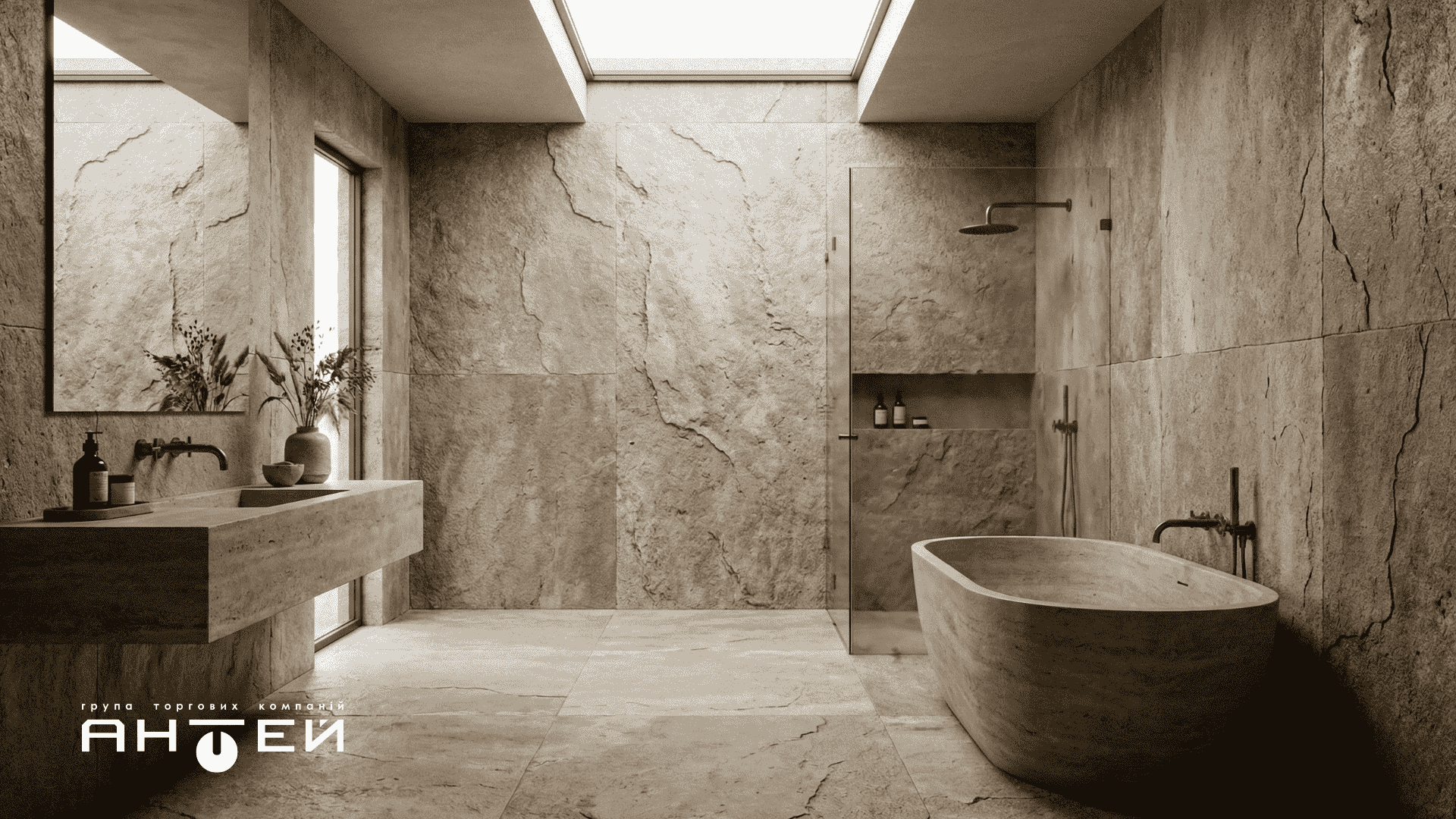 Керамогранит Inspiro под камень в интерьере ванной 2026, тренд Raw Earth