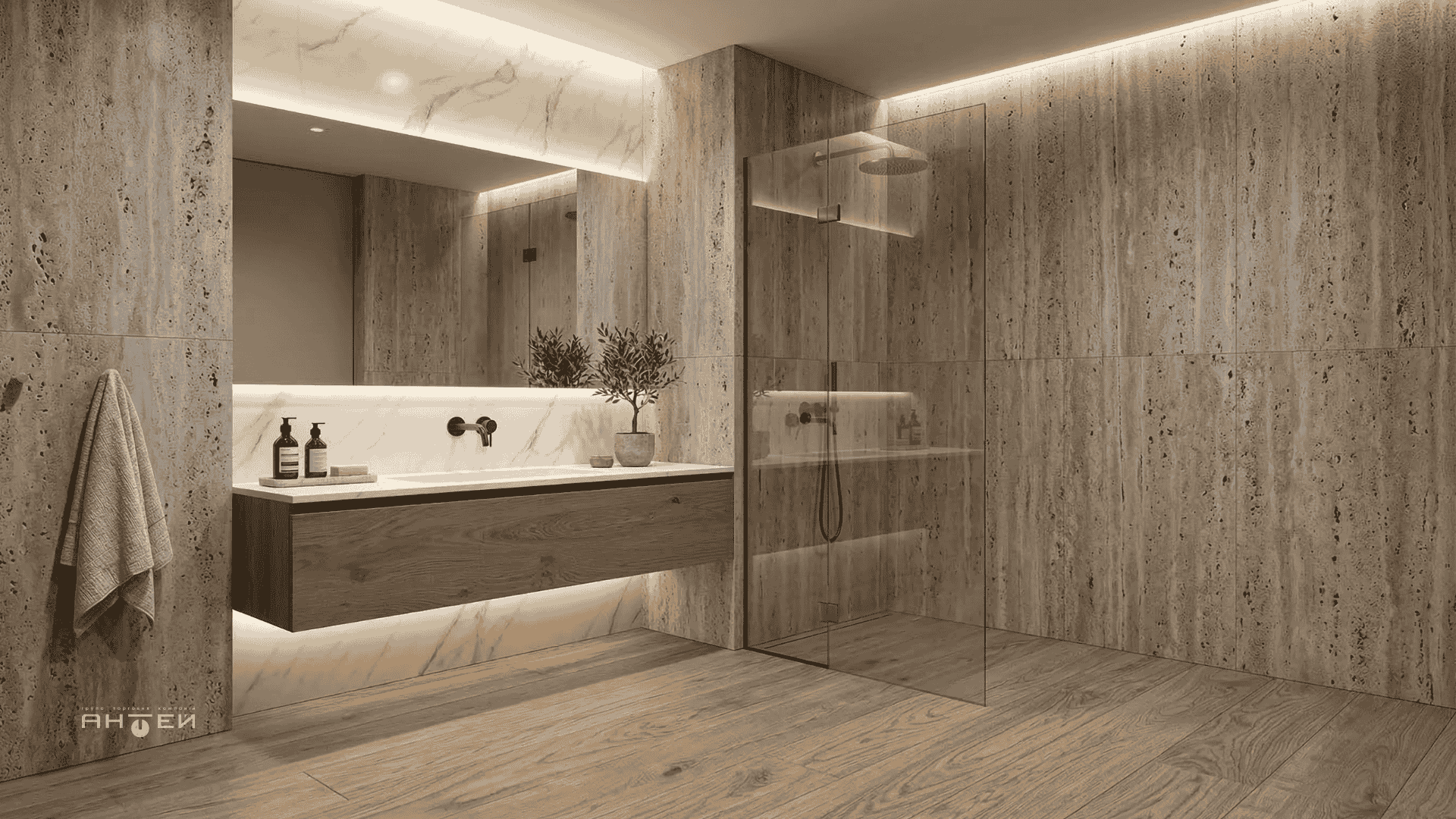 Поєднання керамограніту під травертин, дерево та мармур в інтер'єрі ванної кімнати. Тренди 2026 ГТК Антей