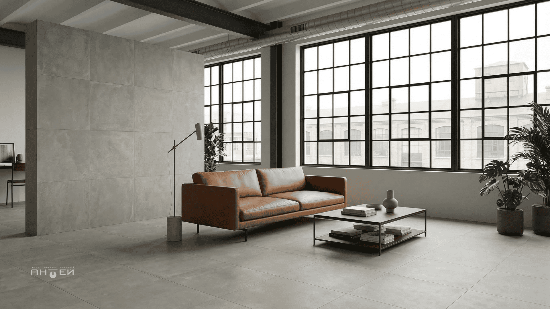 Керамограніт під бетон Earth Gris в інтер'єрі лофт та мінімалізм. ГТК Антей