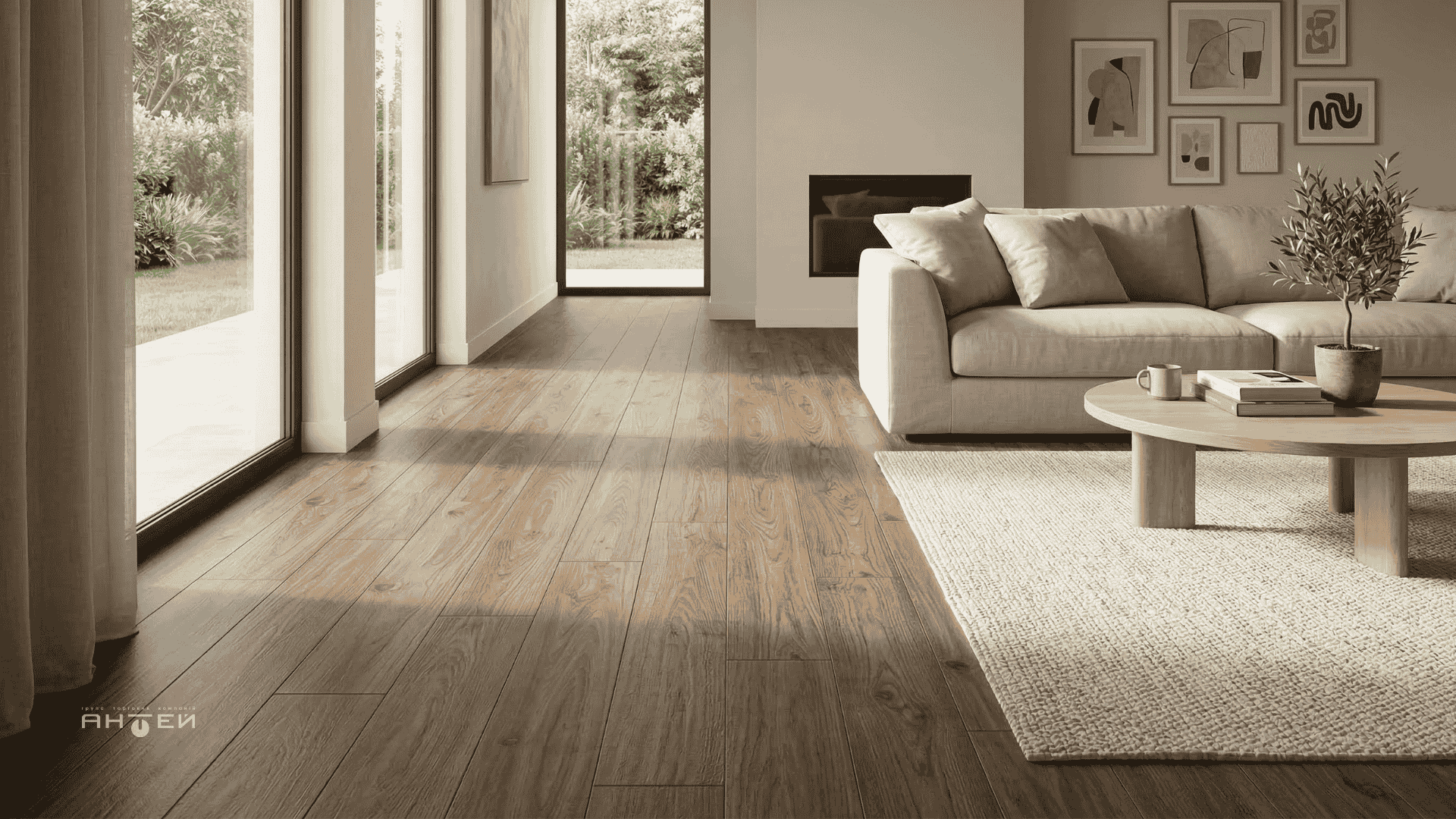 Керамогранітна плитка під дерево Celeron Wood Caffe в інтер'єрі вітальні від ГТК Антей