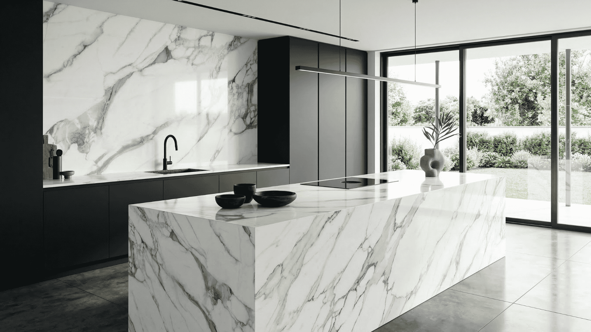 Керамограніт під білий мармур Statuario Smart на кухонному острові та фартуху від ГТК Антей