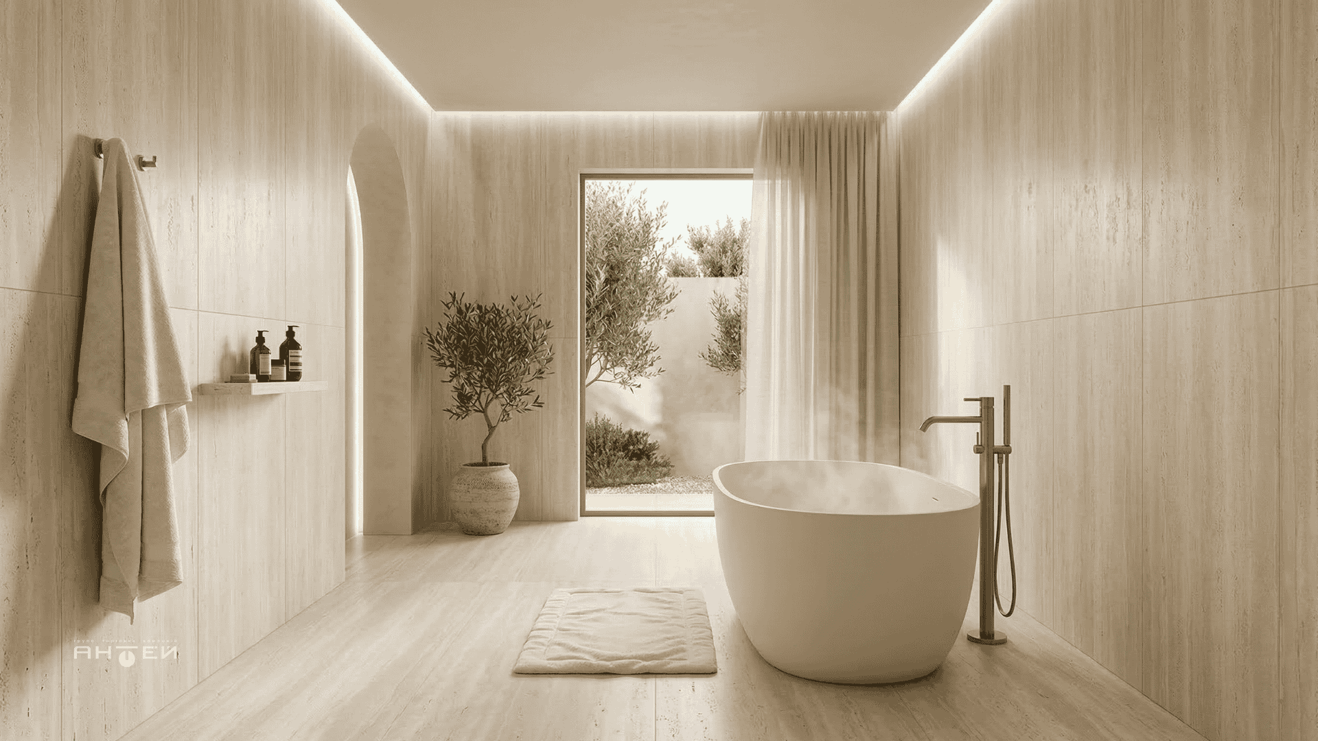 Керамограніт під травертин Travert Light в інтер'єрі ванної кімнати спа від ГТК Антей