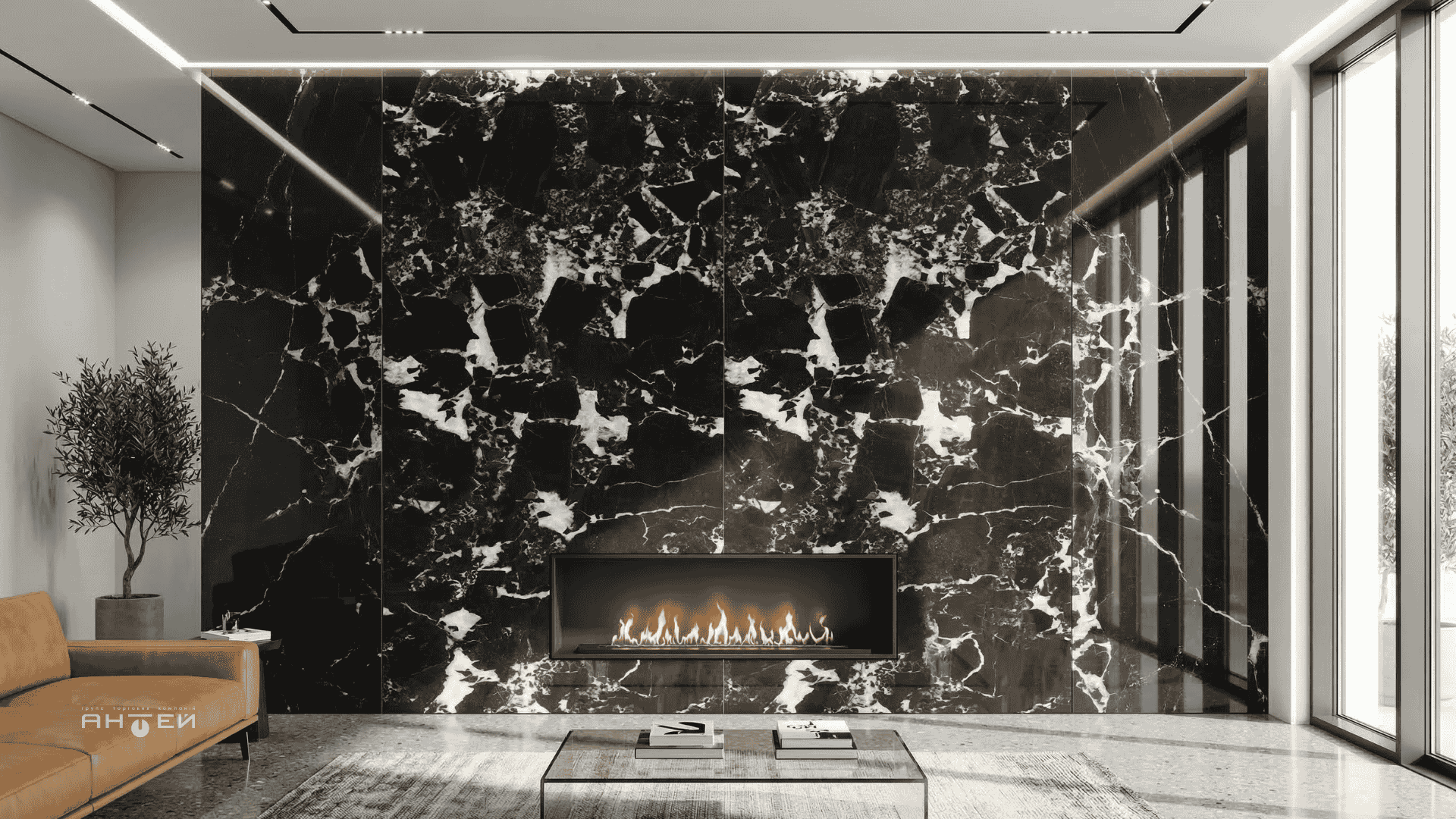 Широкоформатний керамограніт 1200х2800 мм імітація чорного мармуру Grand Antique Glossy в преміум інтер'єрі від Антей