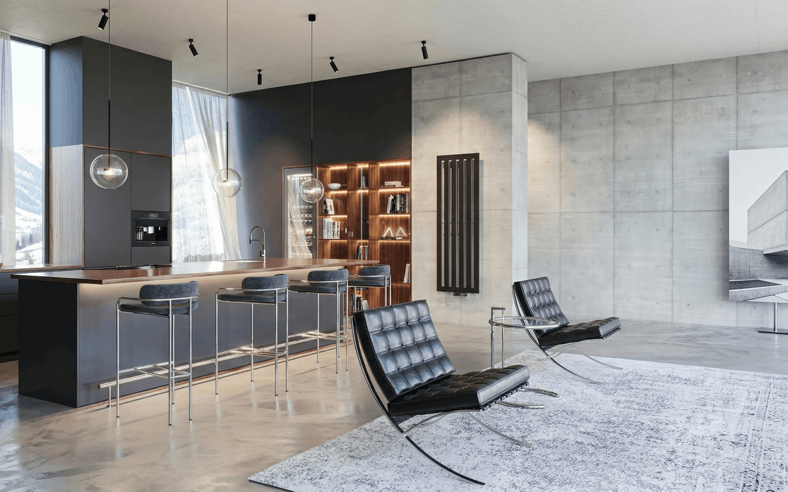 Высокий черный радиатор Zehnder в роскошном интерьере