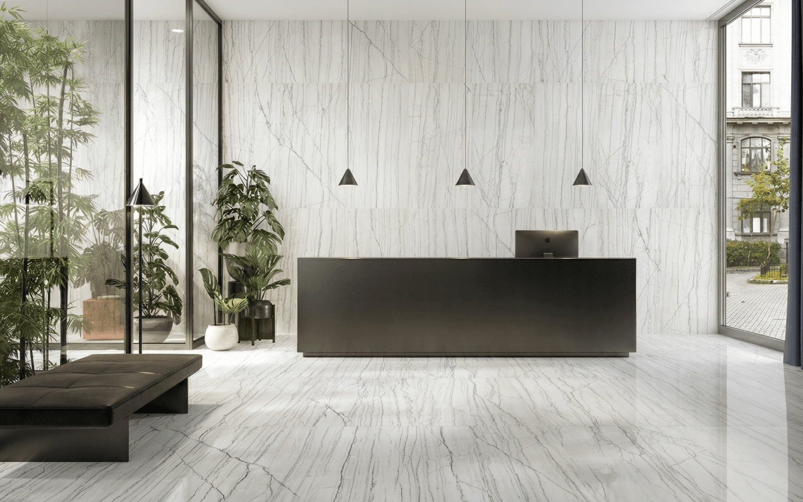 Refin white marble porcelain stoneware in the lobby