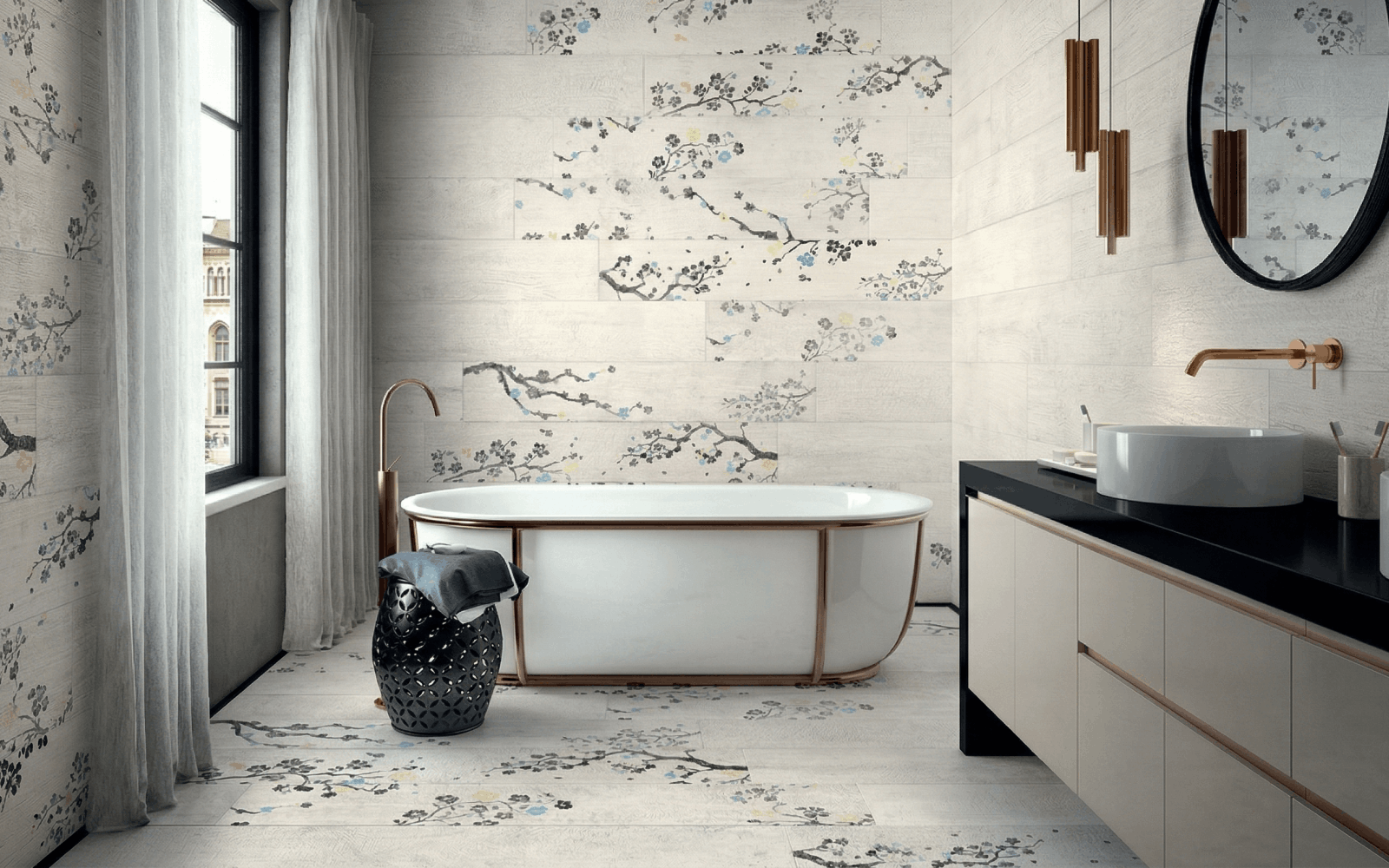 Refin floral pattern tiles in the bathroom