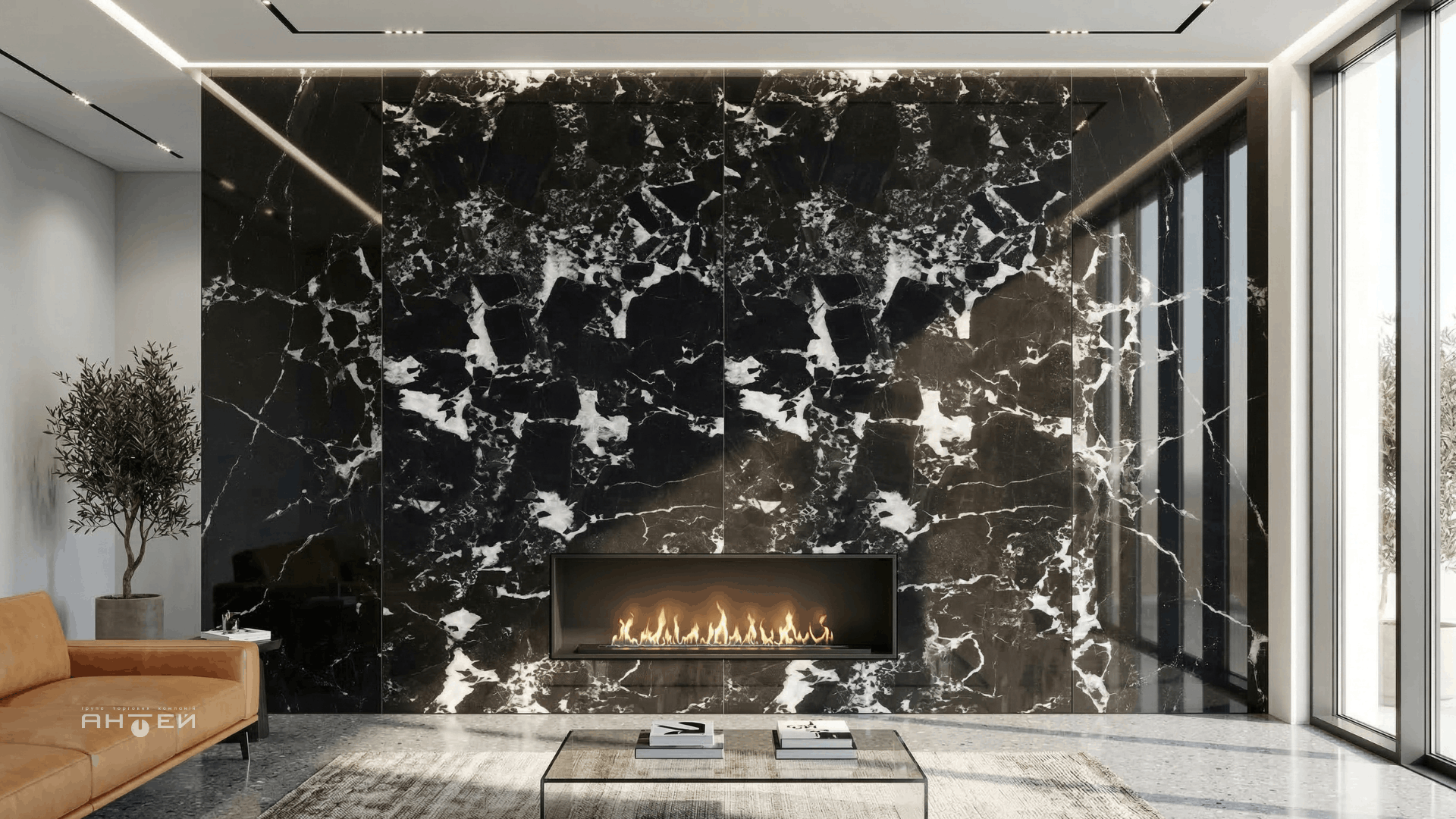Широкоформатный керамогранит 1200х2800 мм имитация черного мрамора Grand Antique Glossy в премиум интерьере от Антей