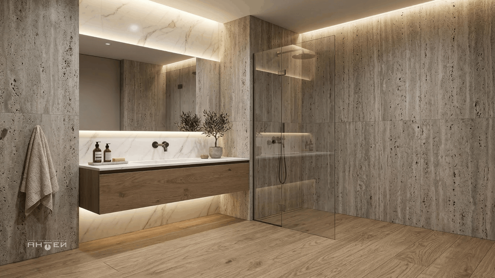 Сочетание керамогранита под травертин, дерево и мрамор в интерьере ванной комнаты. Тренды 2026 ГТК Антей