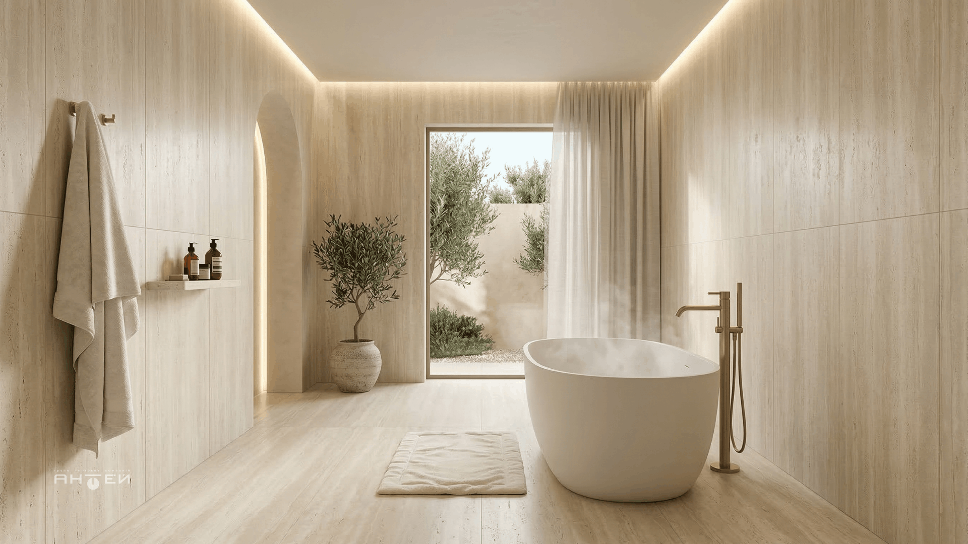 Керамогранит под травертин Travert Light в интерьере ванной комнаты спа от ГТК Антей