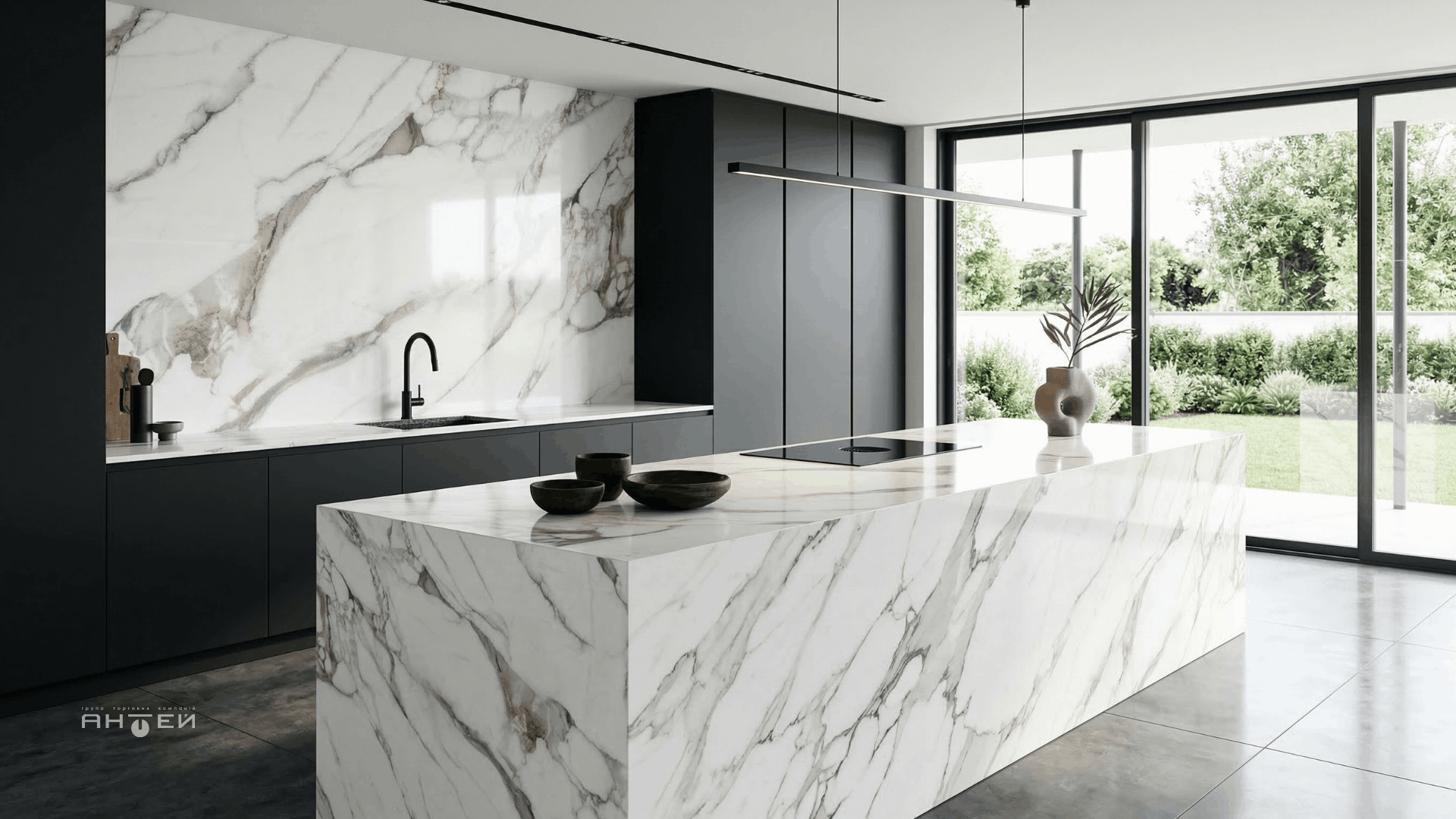 Керамогранит под белый мрамор Statuario Smart на кухонном острове и фартуке от ГТК Антей
