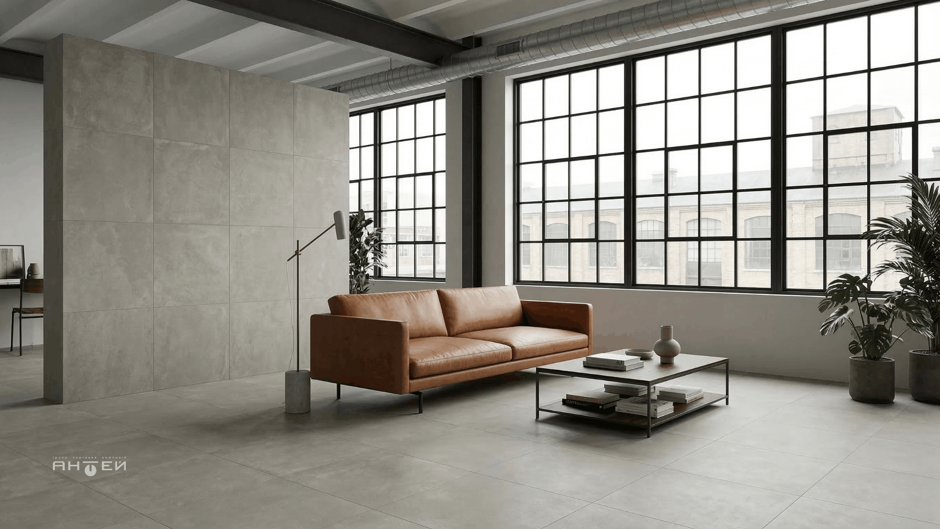Керамогранит под бетон Earth Gris в интерьере лофт и минимализм. ГТК Антей