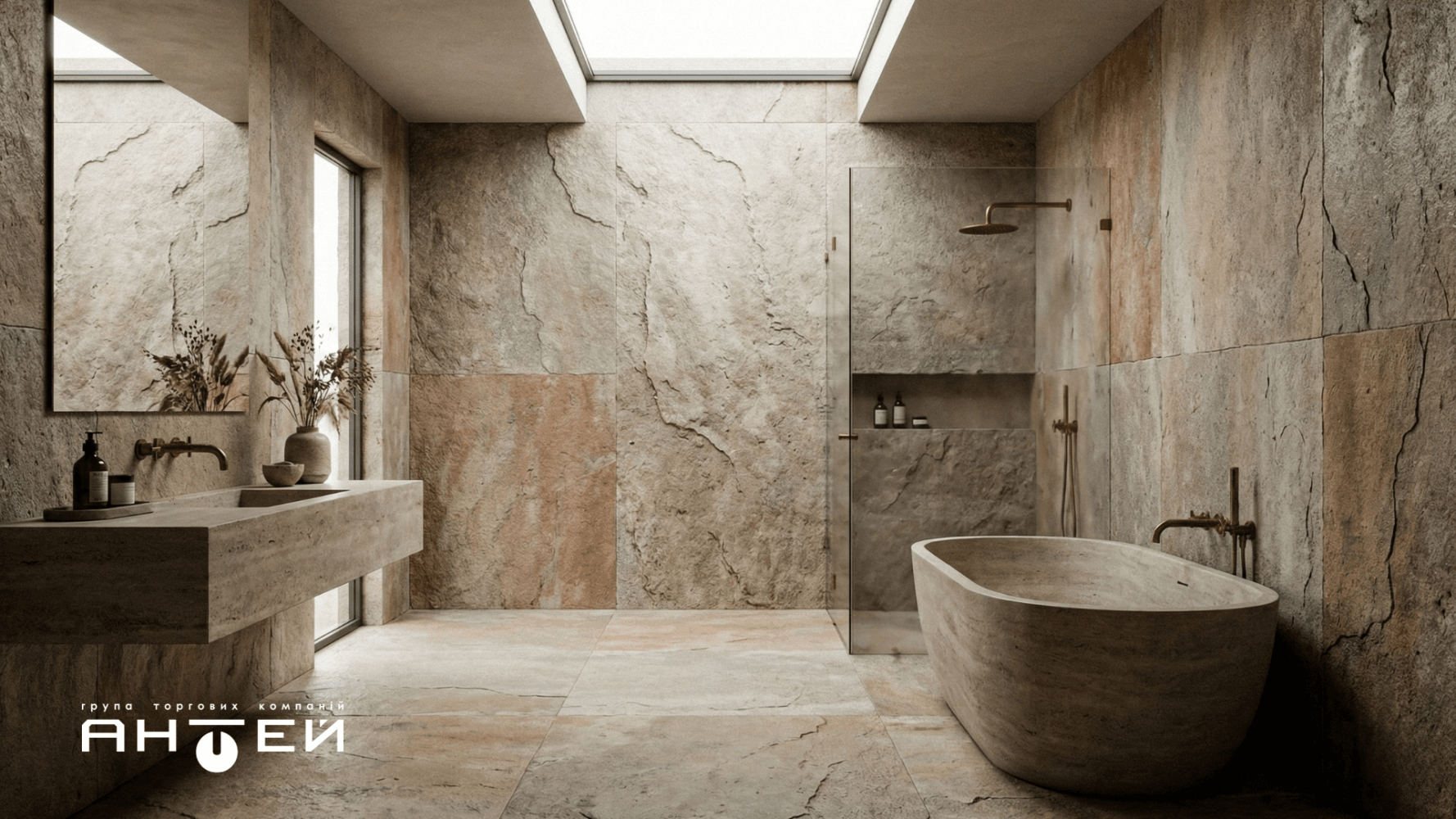 Керамогранит Inspiro под камень в интерьере ванной 2026, тренд Raw Earth