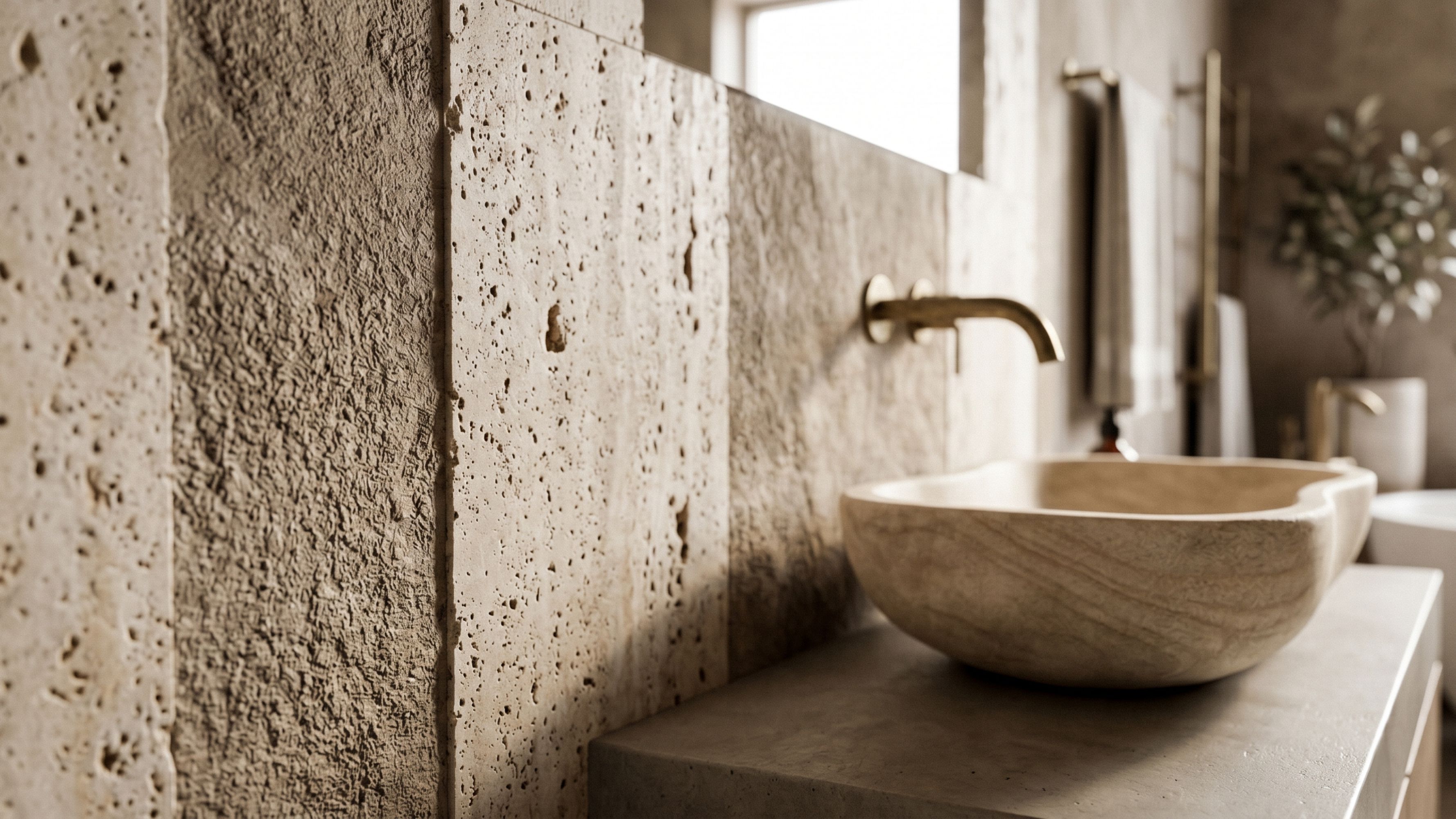 Тактильний дизайн ванної кімнати з використанням рельєфної керамічної плитки під травертин в стилі Inspiro