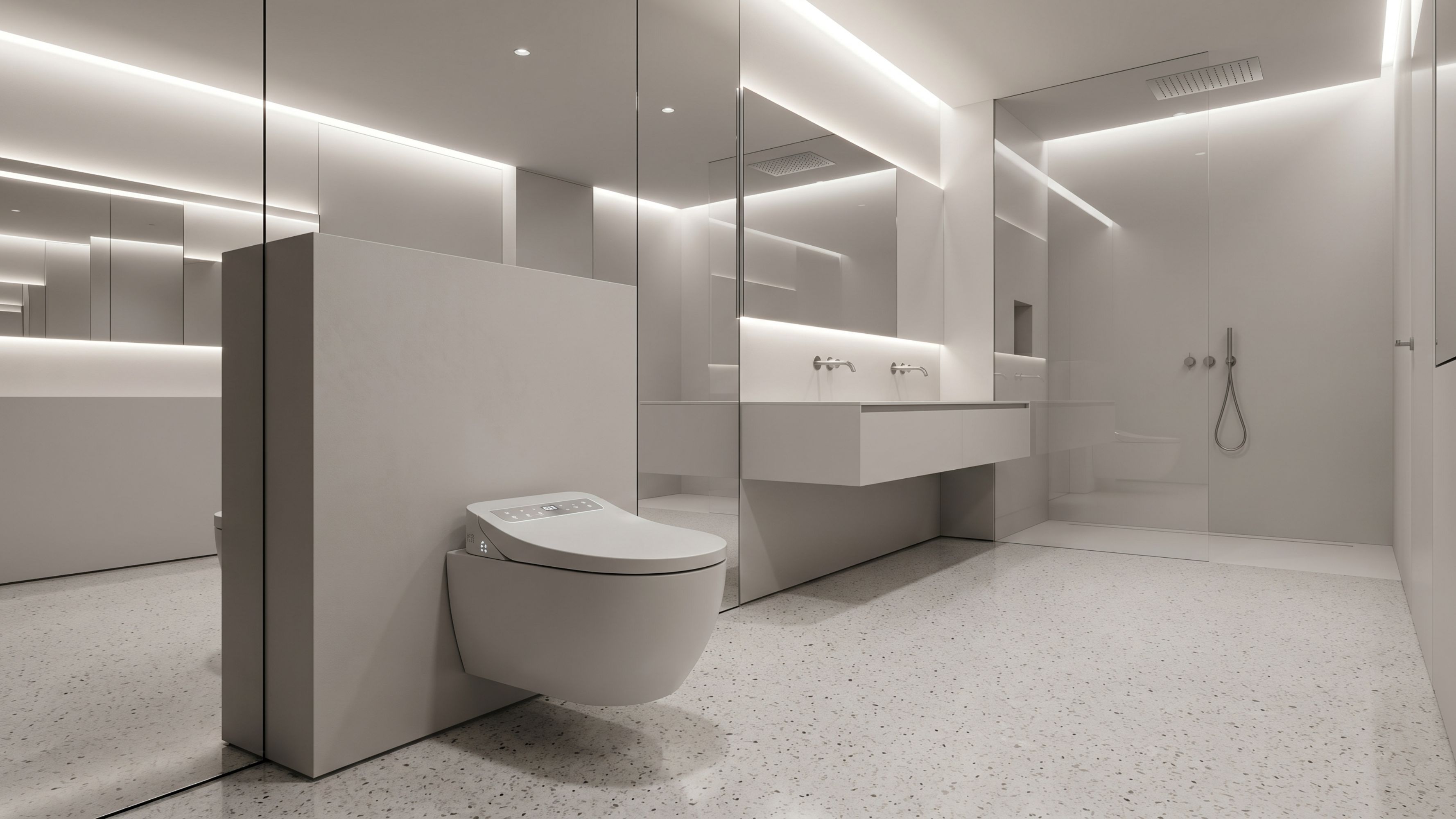 Розумна сантехніка та приховані інсталяційні системи Volle в ультрамінімалістичному інтер'єрі ванної кімнати