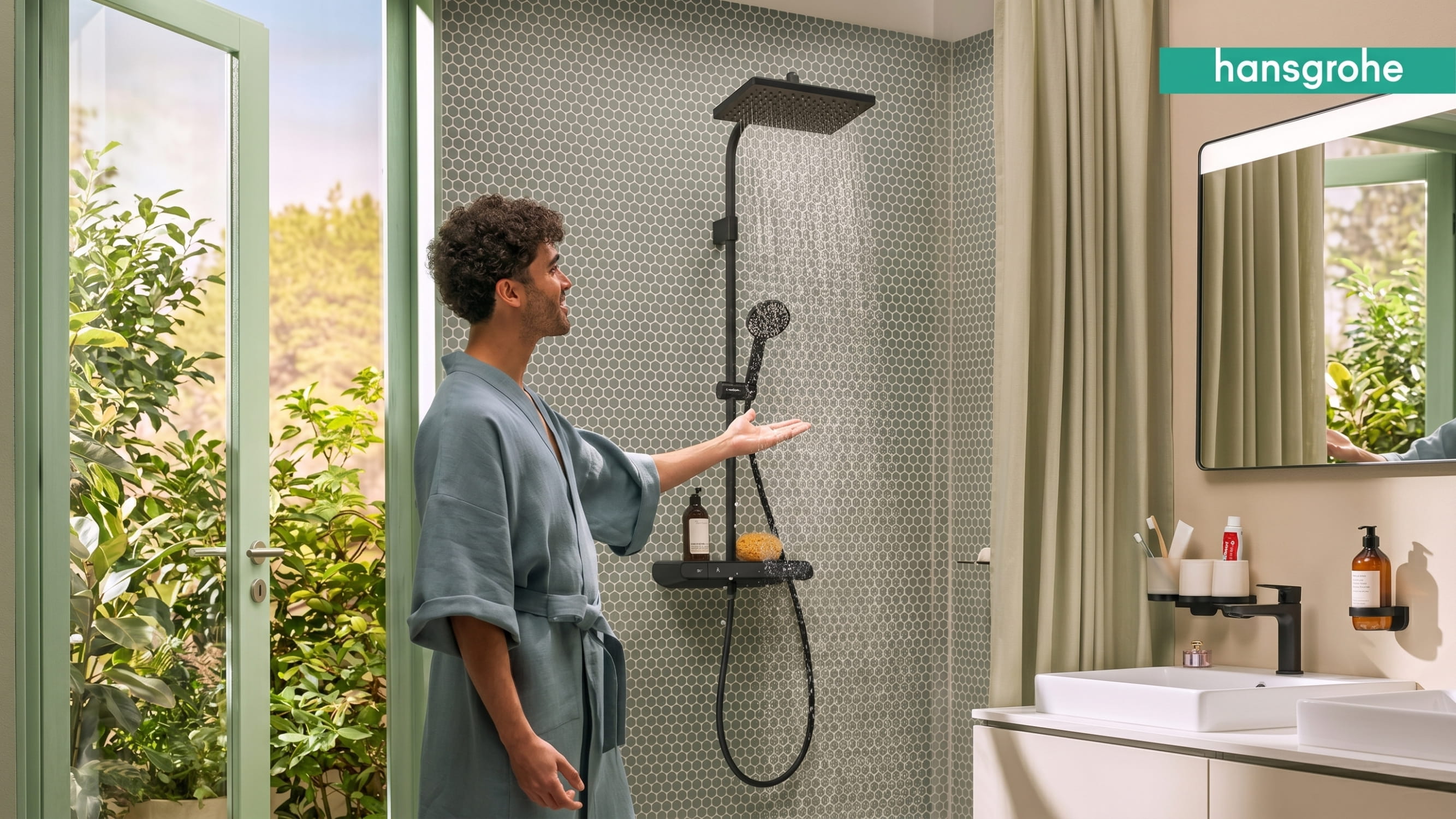 Черная матовая душевая система hansgrohe Activera Q Matte Black в современном интерьере ванной комнаты