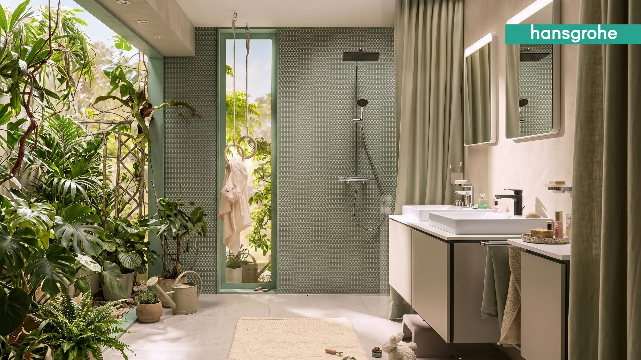 Хромированная душевая система hansgrohe Activera Q Chrome в светлой ванной комнате эко-стиля