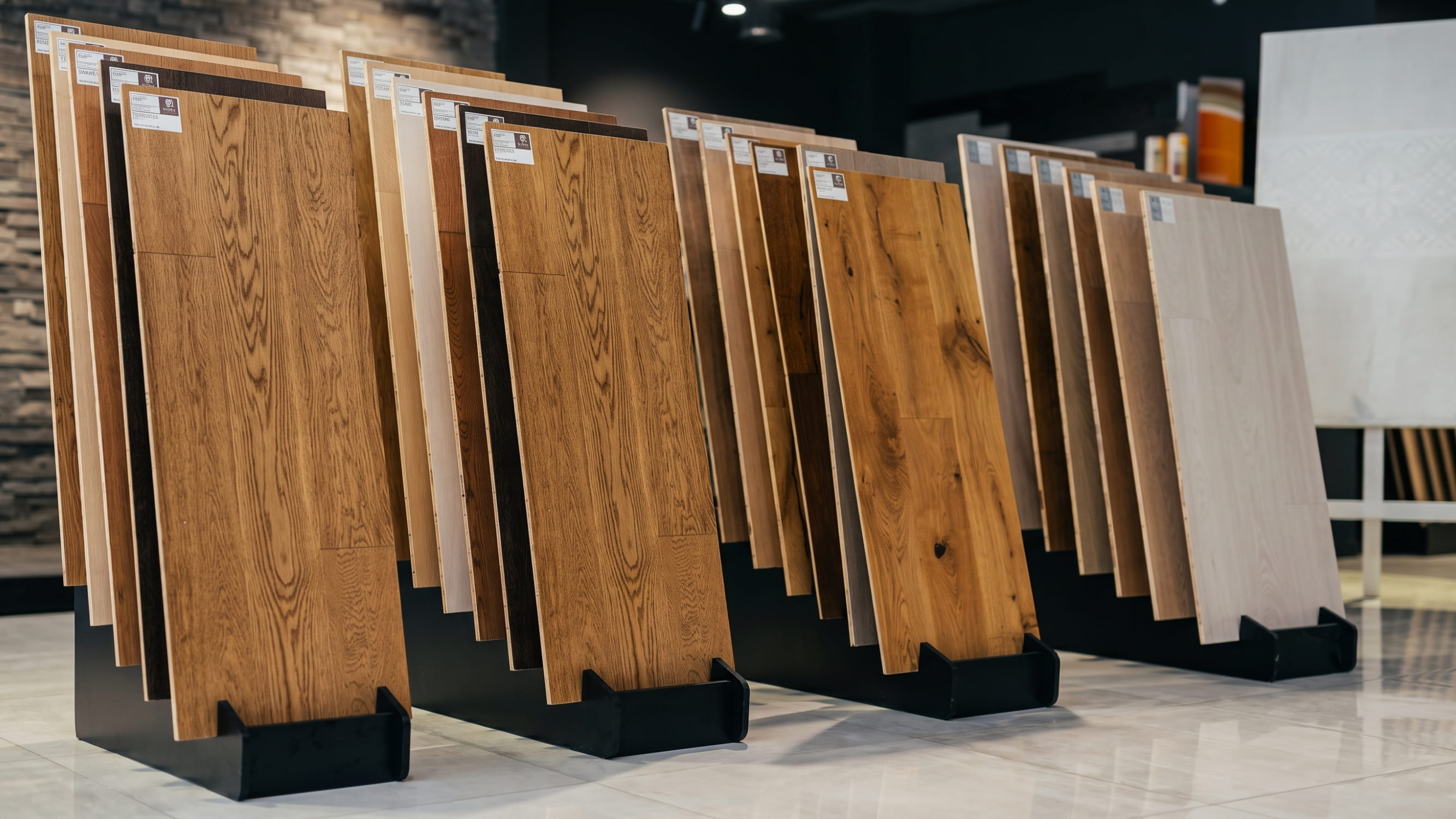 Wood-effect porcelain stoneware stands in the Antey showroom
