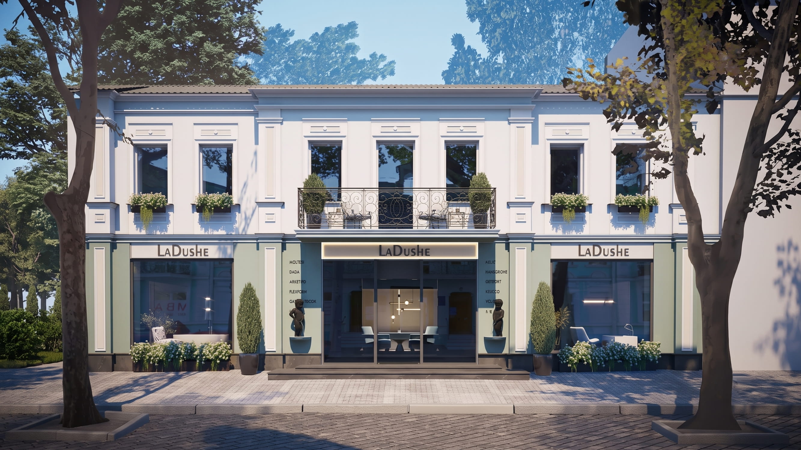 Facade of the La Dushe branded showroom of premium sanitary ware and designer decor